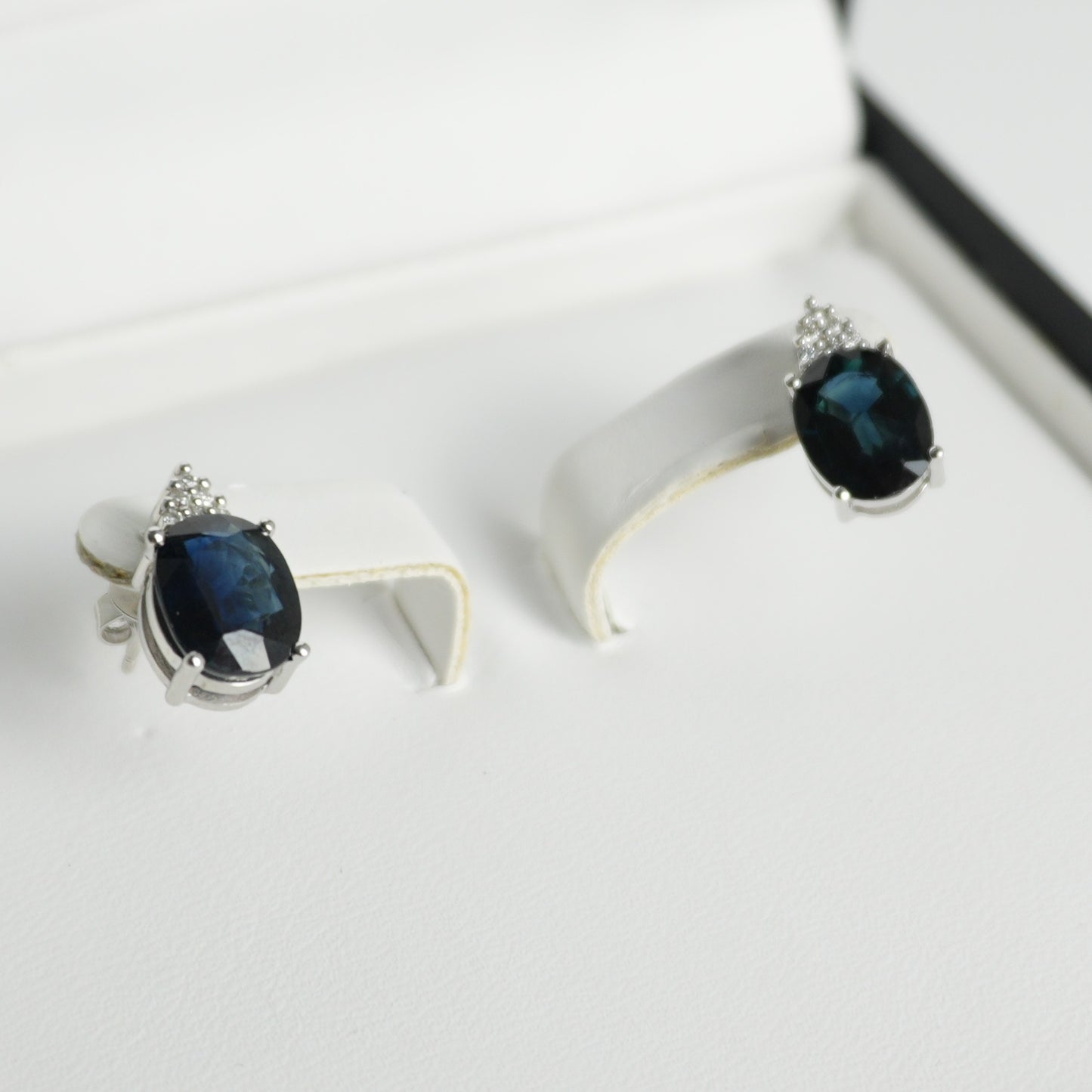 Diamond and sapphire white gold earrings. 4.42ct total sapphire weight.