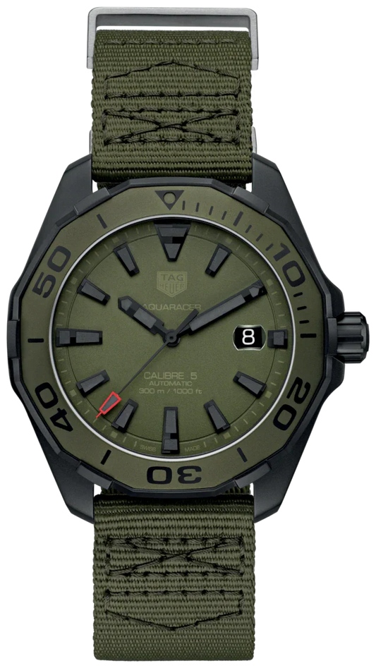 Tag Heuer Aquaracer Automatic Green Dial Khakhi Green Nylon Strap Watch For Men Way208e Fc8222